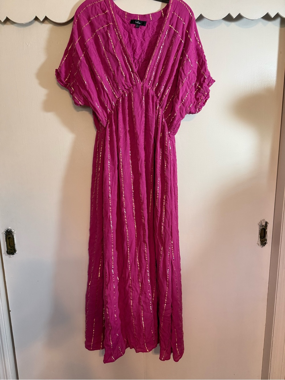 Lulu's Fuchsia Maxi Dress with Gold Stripe Detail